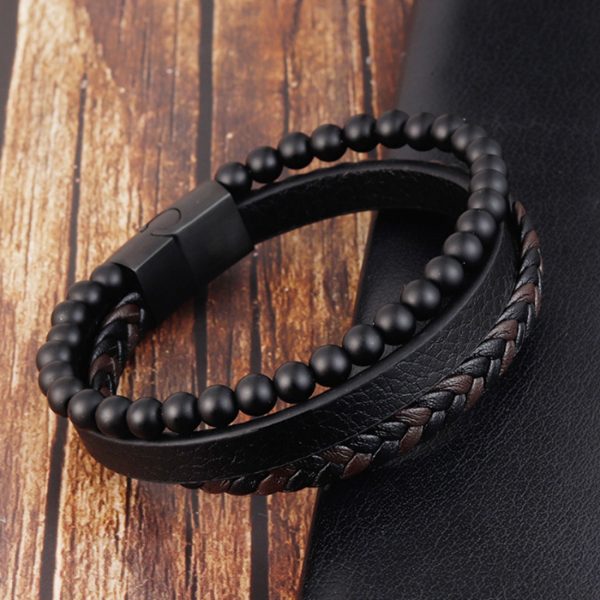 High Quality Men’s Two-Strand Braided Leather Wheat Chain Bracelet with Magnetic Closure - Image 3