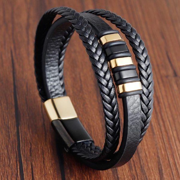 New Braided Multi-Layer Braided and Magnetic Clasp Mens Bracelet Bead and Leather