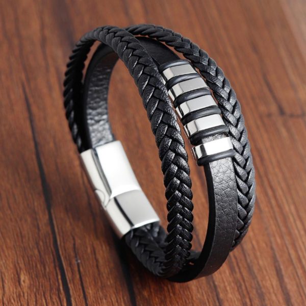 New Braided Multi-Layer Braided and Magnetic Clasp Mens Bracelet Bead and Leather - Image 4