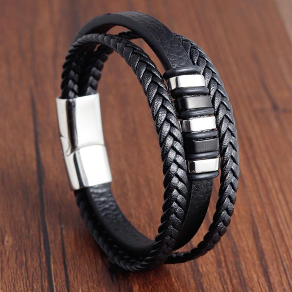 New Braided Multi-Layer Braided and Magnetic Clasp Mens Bracelet Bead and Leather - Image 3