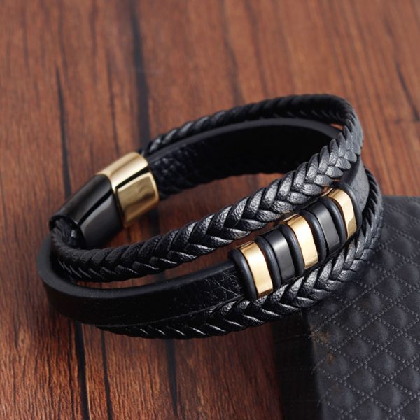 New Braided Multi-Layer Braided and Magnetic Clasp Mens Bracelet Bead and Leather - Image 2