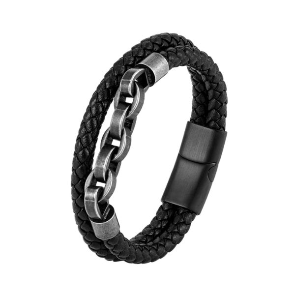 2025 Fashion Men Stainless Steel Leather Braided Bead Leather Bracelet for Men