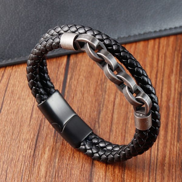 2025 Fashion Men Stainless Steel Leather Braided Bead Leather Bracelet for Men - Image 2