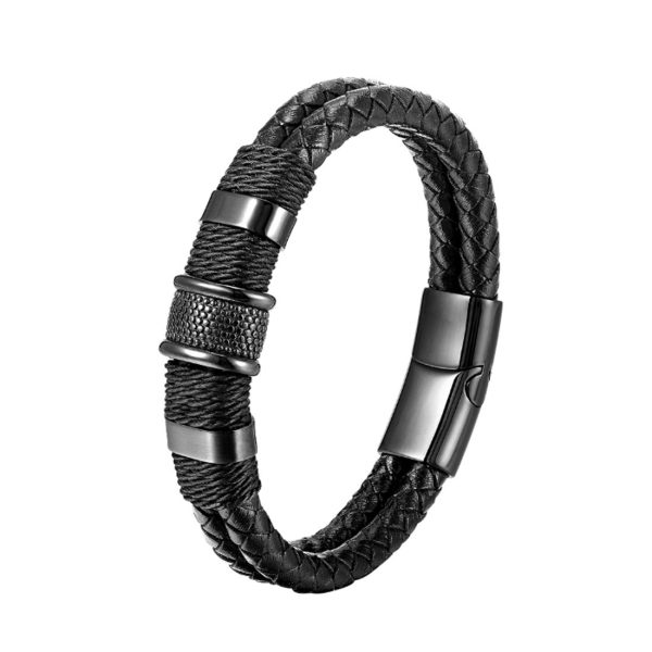 Premium Black Leather Bracelet for Men in Black Magnetic Stainless Steel Clasp