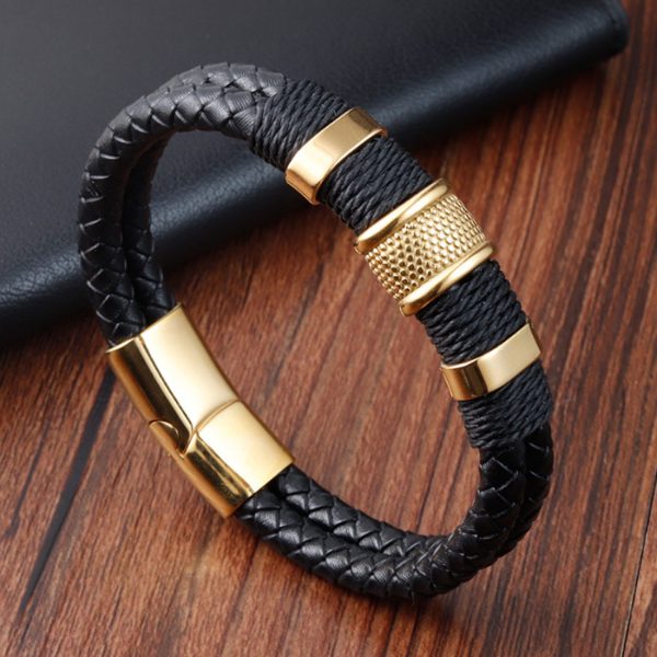 Premium Black Leather Bracelet for Men in Black Magnetic Stainless Steel Clasp - Image 4