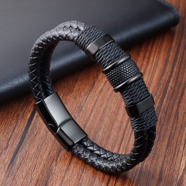 Premium Black Leather Bracelet for Men in Black Magnetic Stainless Steel Clasp - Image 3