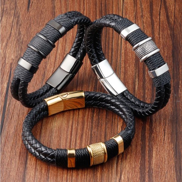 Premium Black Leather Bracelet for Men in Black Magnetic Stainless Steel Clasp - Image 2
