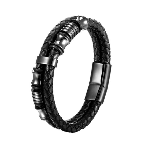 Mens Women Three-Strand Black Braided Leather Bracelet Steel Bangle Wristband