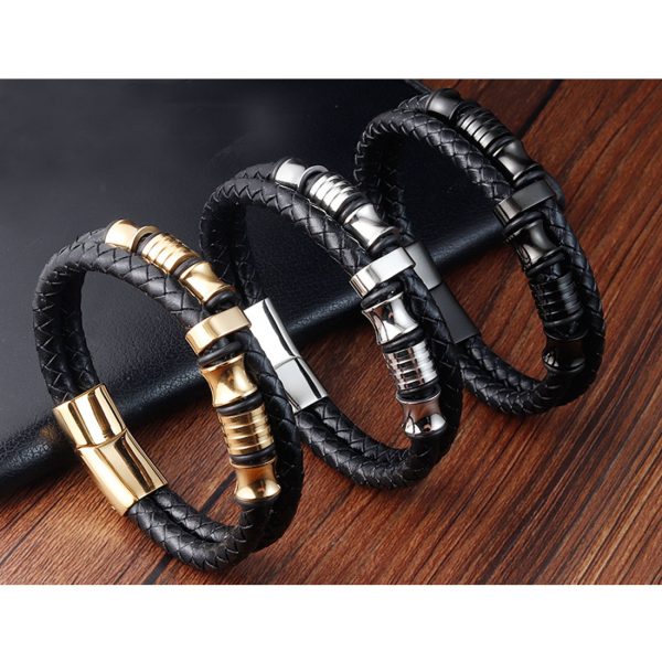 Mens Women Three-Strand Black Braided Leather Bracelet Steel Bangle Wristband - Image 2