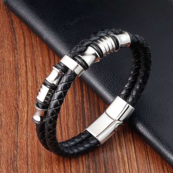 Mens Women Three-Strand Black Braided Leather Bracelet Steel Bangle Wristband - Image 3