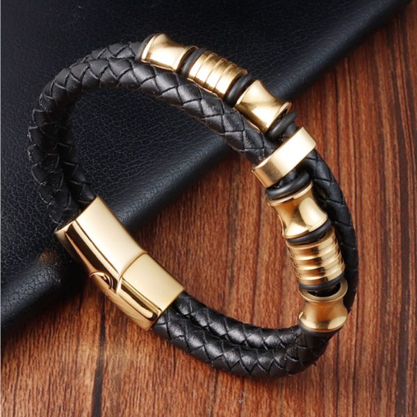 Mens Women Three-Strand Black Braided Leather Bracelet Steel Bangle Wristband - Image 4