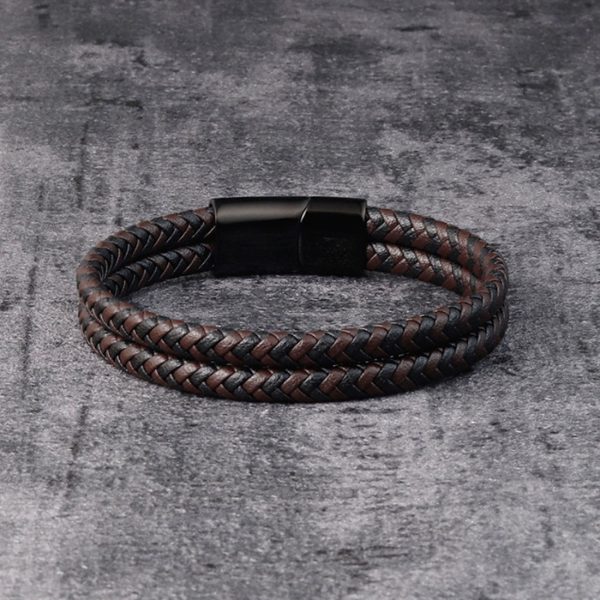 316L Stainless Steel Magnetic Closure Black Obsidian Braided Leather Beads Bracelet - Image 4