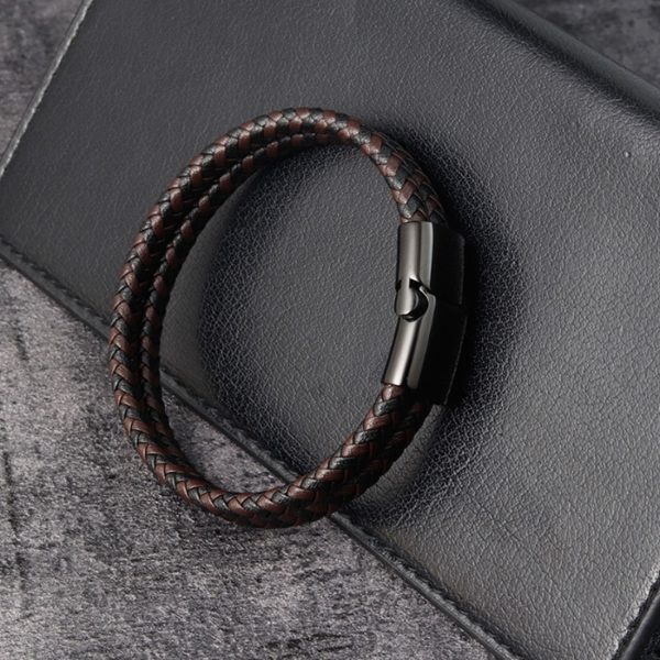 316L Stainless Steel Magnetic Closure Black Obsidian Braided Leather Beads Bracelet - Image 3