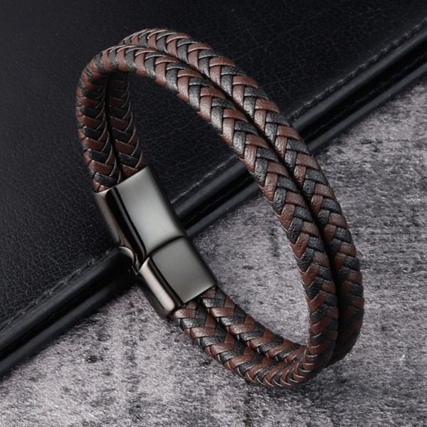 316L Stainless Steel Magnetic Closure Black Obsidian Braided Leather Beads Bracelet - Image 2