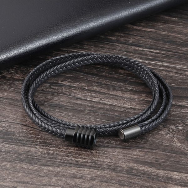 Mens Fashion Hand-Made Multi-strand Black Braided Leather Bangle Bracelet - Image 4