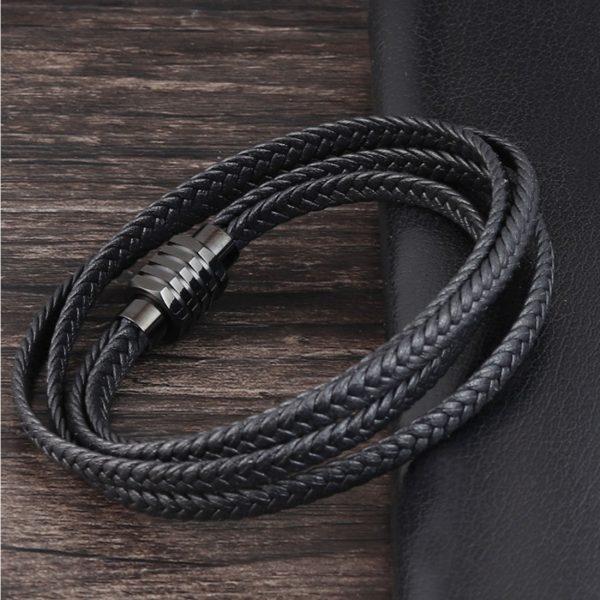 Mens Fashion Hand-Made Multi-strand Black Braided Leather Bangle Bracelet - Image 3