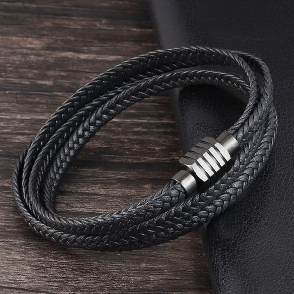 Mens Fashion Hand-Made Multi-strand Black Braided Leather Bangle Bracelet - Image 2