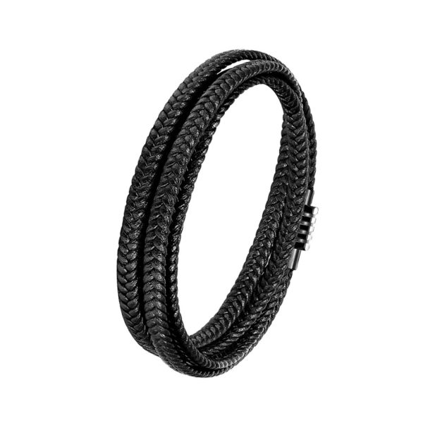 Mens Fashion Hand-Made Multi-strand Black Braided Leather Bangle Bracelet