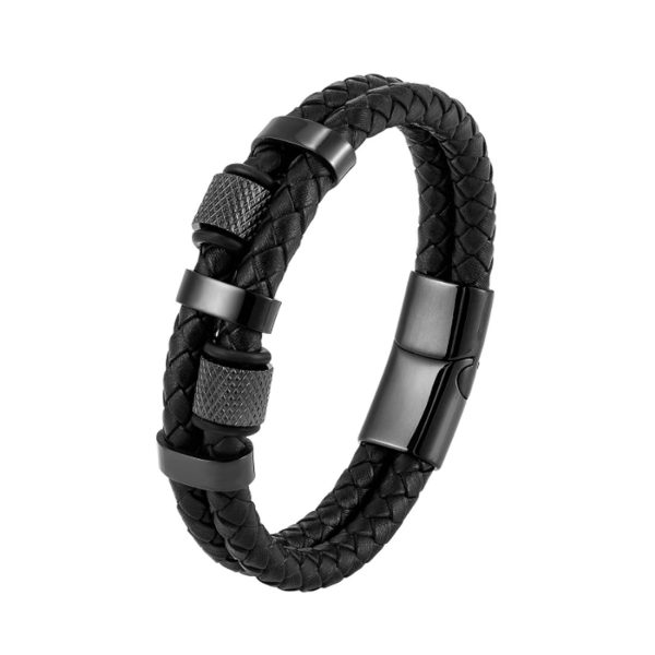 Customusized Men Leather Bracelet For Men Stainless Steel Black Leather Jewelry