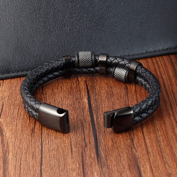 Customusized Men Leather Bracelet For Men Stainless Steel Black Leather Jewelry - Image 2