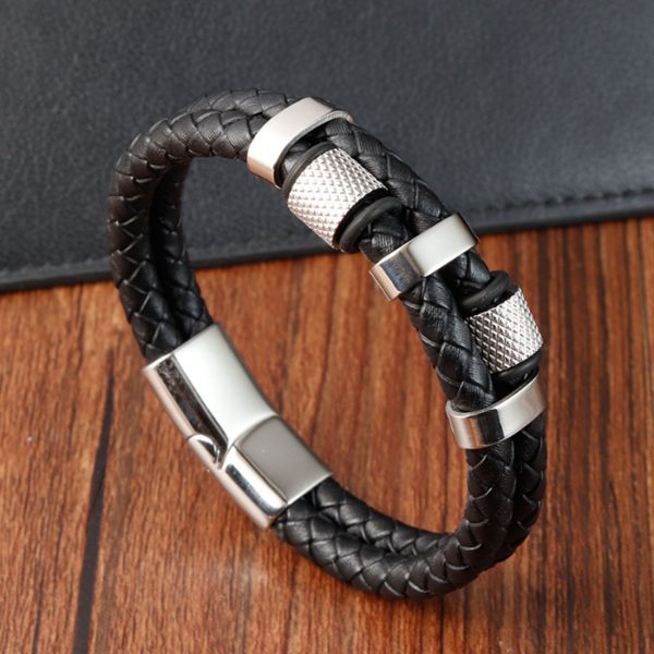 Customusized Men Leather Bracelet For Men Stainless Steel Black Leather Jewelry - Image 3