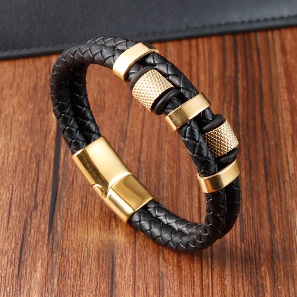 Customusized Men Leather Bracelet For Men Stainless Steel Black Leather Jewelry - Image 4