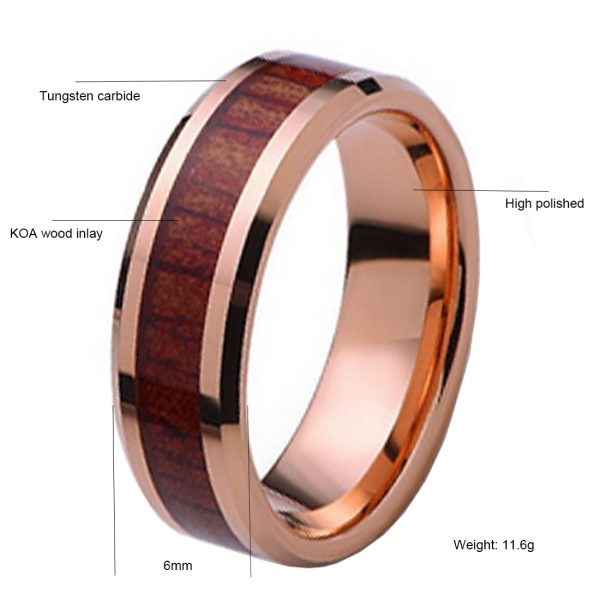 china mens fashion rose gold plated tungsten ring brushed tungsten carbide jewelry wooden inlay ring - Image 2